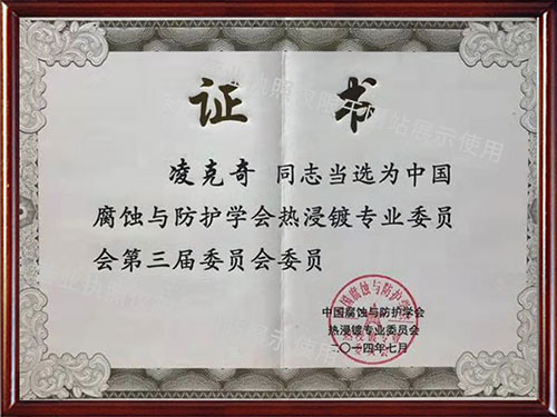 中國(guó)腐蝕與防護(hù)學(xué)會(huì)熱浸鍍專(zhuān)業(yè)委員會(huì)會(huì)員證書(shū)